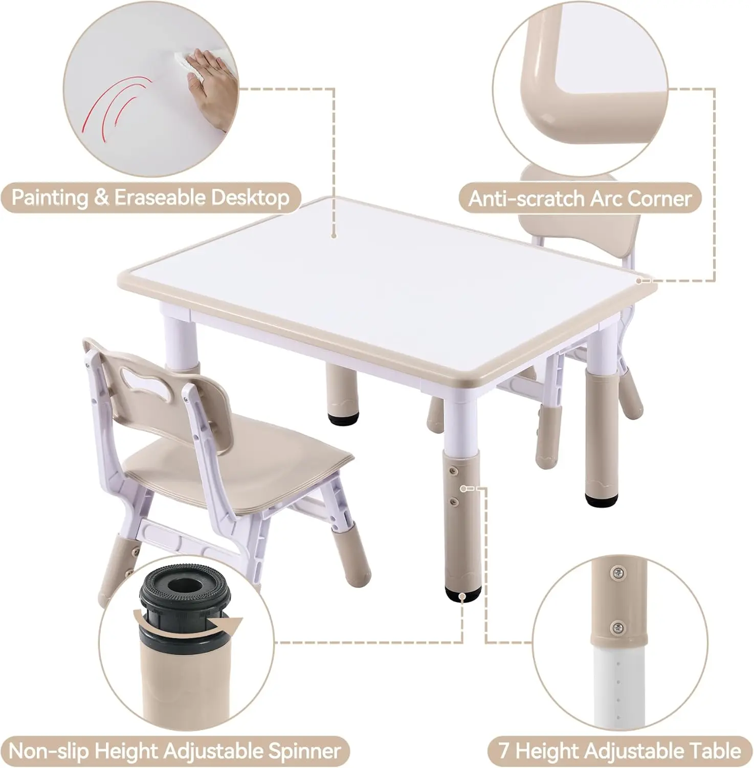 Height-Adjustable Toddler Table and Chair Set with Graffiti Desktop, 31.5''L x 23.6''W Children Activity Table for Daycare, Clas