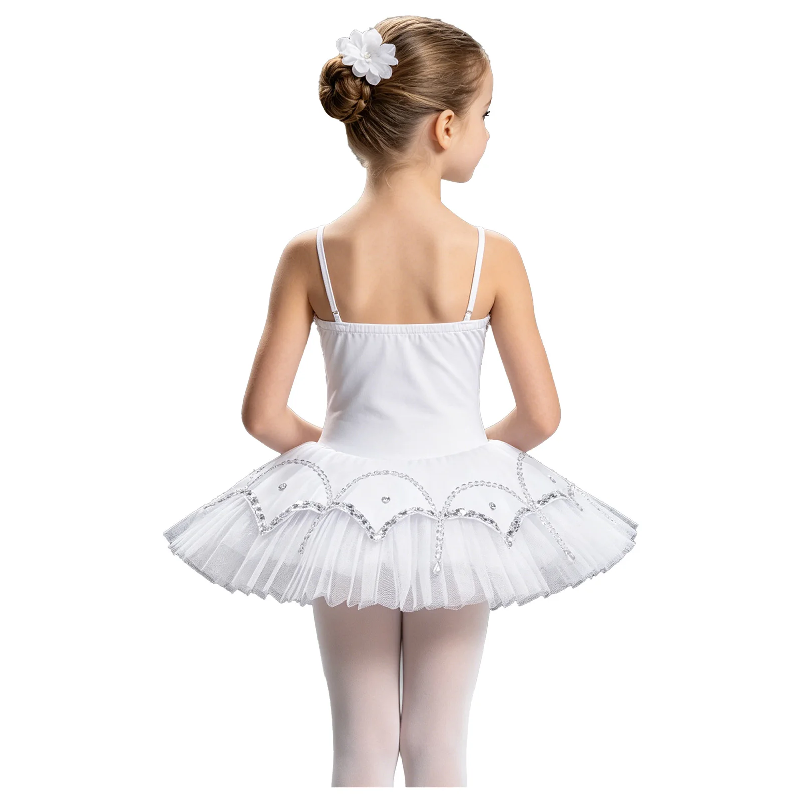 Kids Girls Lyrical Ballet Jazz Rhythmic Performance Costume Braid Trim Sleeveless Rhinestone Spaghetti Layered Gymnastics Outfit