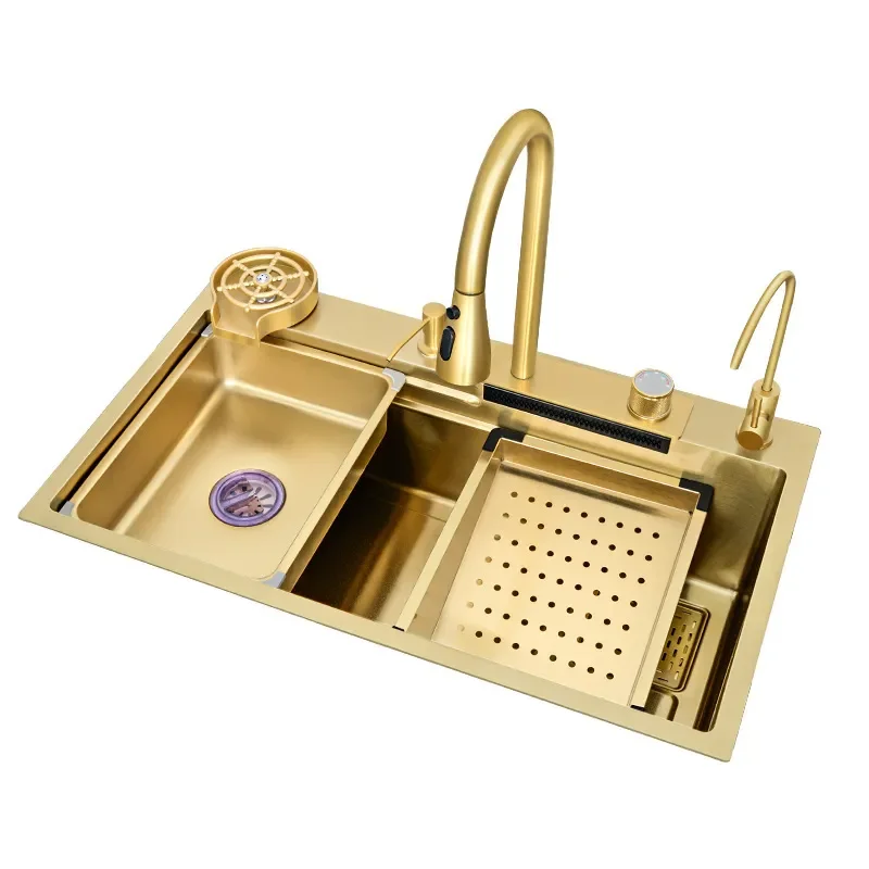 for Nano Gold Flying Waterfall Rain Kitchen Sink 304 Stainless Steel Washing Basin Full Configuration Set Table Middle and