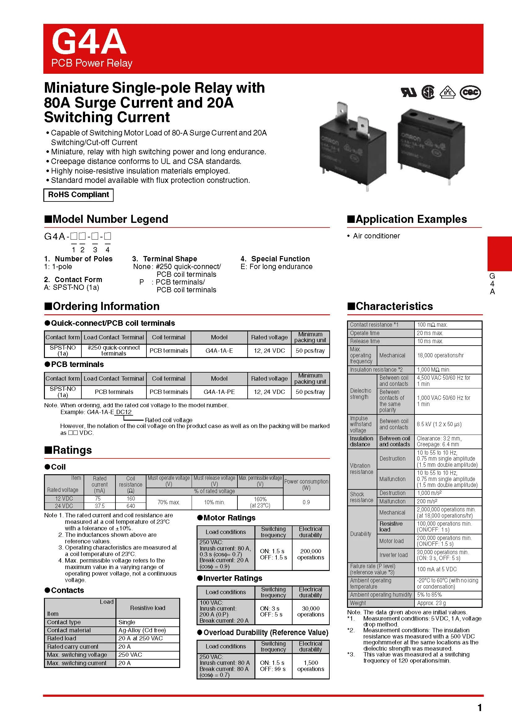 OMRON Original Leistungsrelais G4A-1A-PE -E-12VDC 24VDC DC24V DC12V 4-Pin 20A Neu Authentisches 4-Pin Leistungsrelais – Detail 1