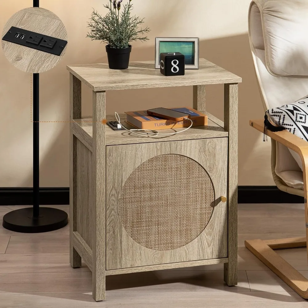 

SICOTAS Rattan Wood End Table, Boho Tall Night Stand with Charging Station, Wooden Farmhouse Nightstand Bedside Table