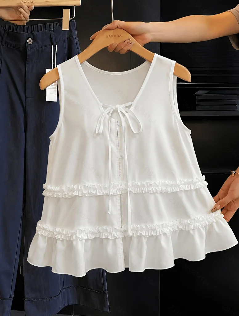 2026 Summer New V-Neck Tie Strap Ruffle Sleeveless Vest Loose Layered Cake Chiffon Top Plus Size Women's Commuter Casual Blouse