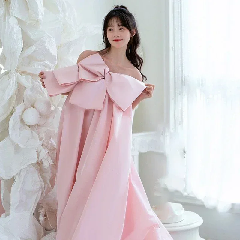 

Autumn New Wedding Photography Evening Dress Bow Decor Fashion Trend Girl Birthday Adult Bra Dress Bride's Simple Morning Robe