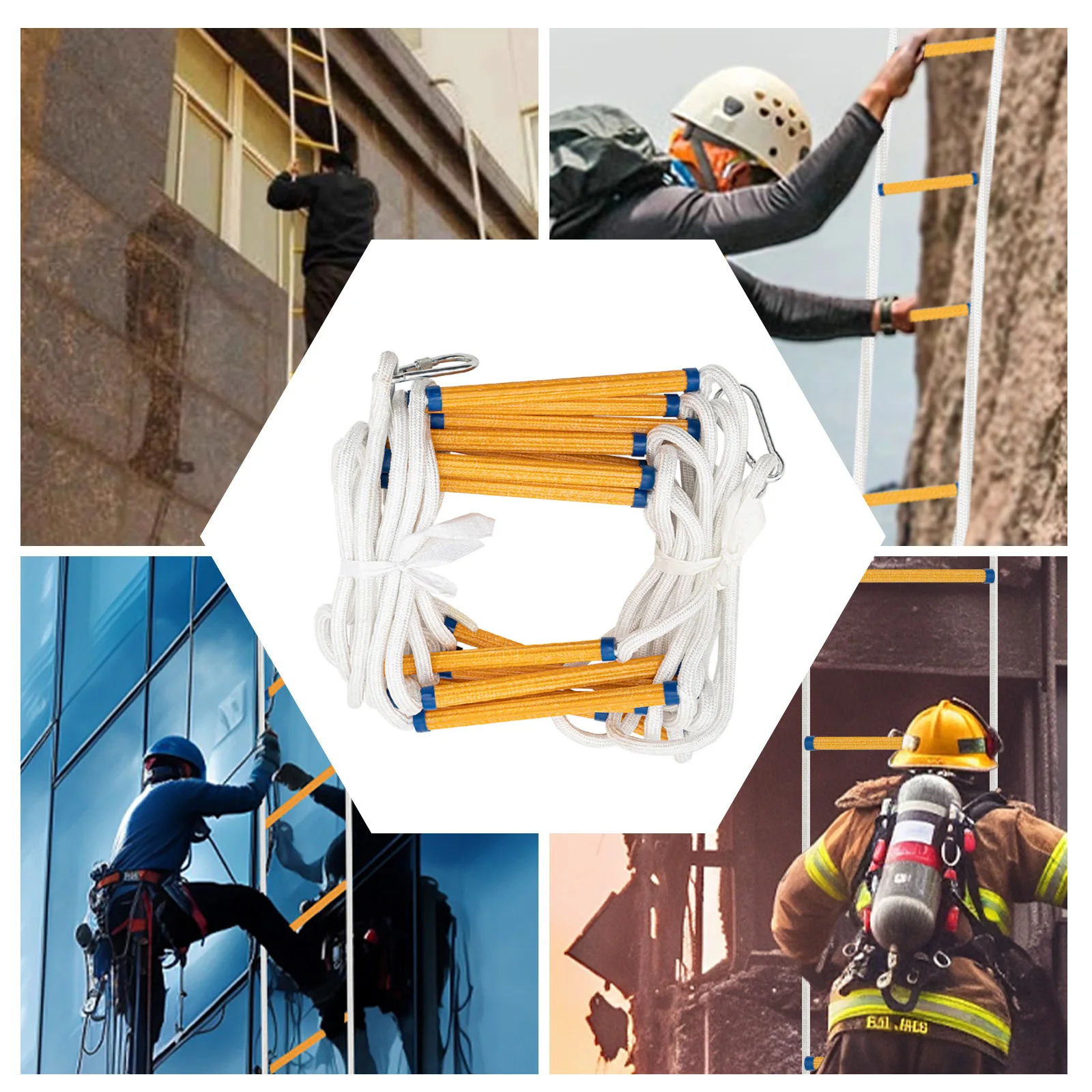 Fire Ladder w/ 2-Carabiner Rope Ladder Fireproof Rescue Ladder 12m 200KG Resin, Manganese Steel