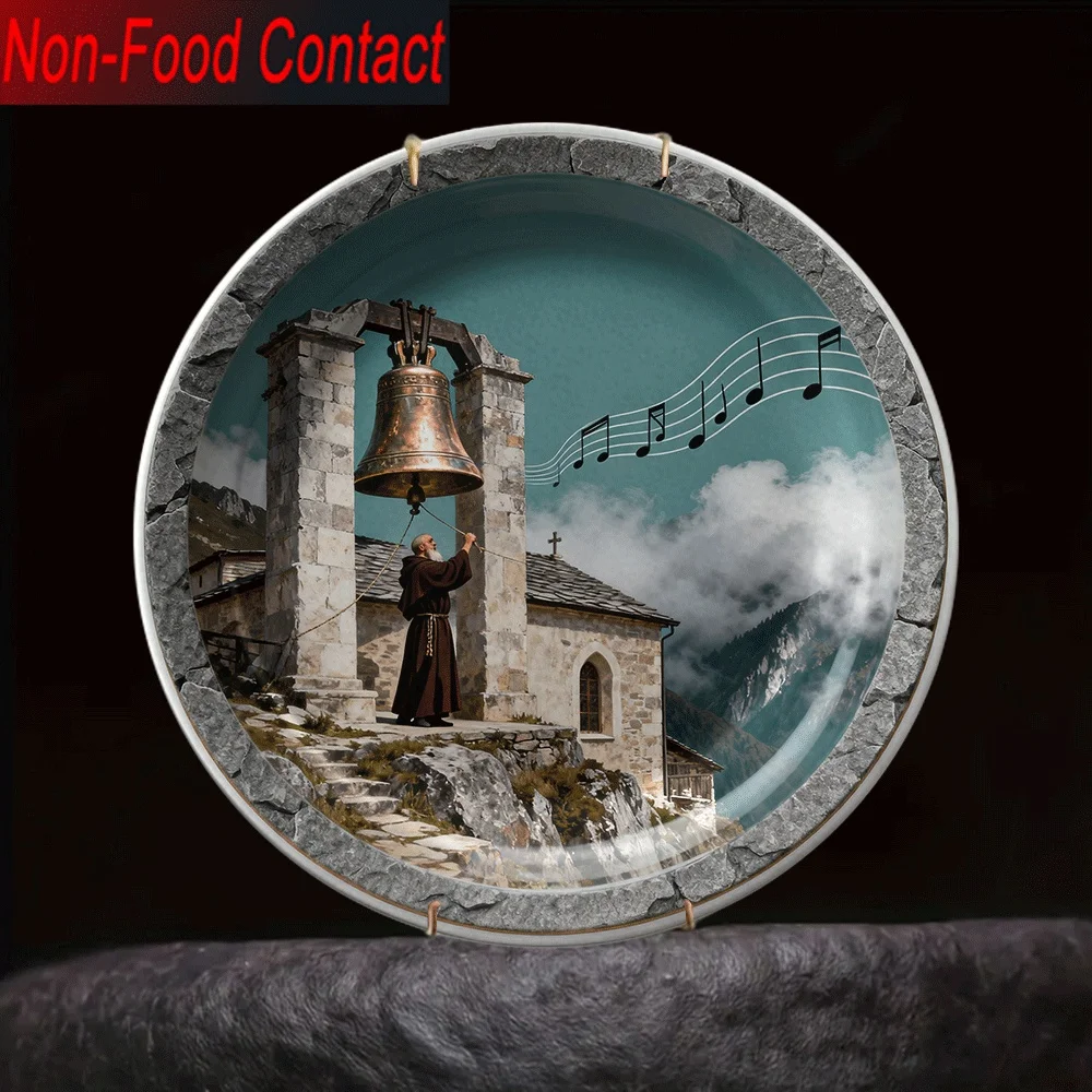 1pc Zen Temple & Bell Ceramic Decorative Plate - Round Non-Food Contact Ornamental Bowl-Like Art for Home, Zen, Meditation