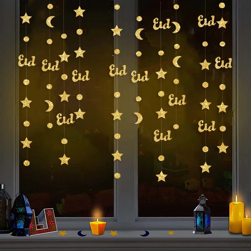 Ghirlanda Decorativa Ramadan Mubarak Con Stelle E Lanterne Dorate, 8 Pezzi, Striscioni Per Eid E Feste Islamiche, Carta Di Qualità
