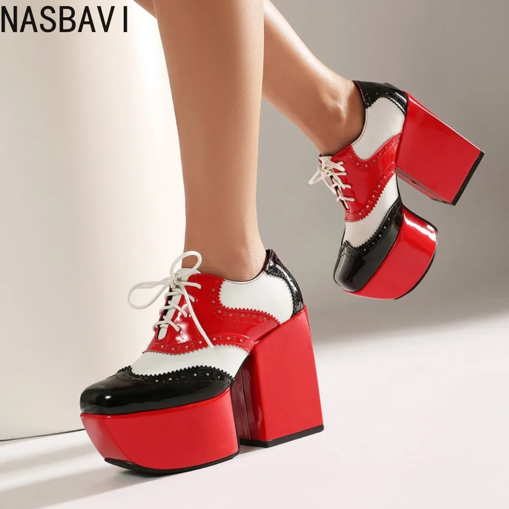 Plus Size 36-48 Ultra high with 12cm Splicing Patent Leather Wedges Thick Heel Retro Blue Purple Nightclub Loafers Single Shoes