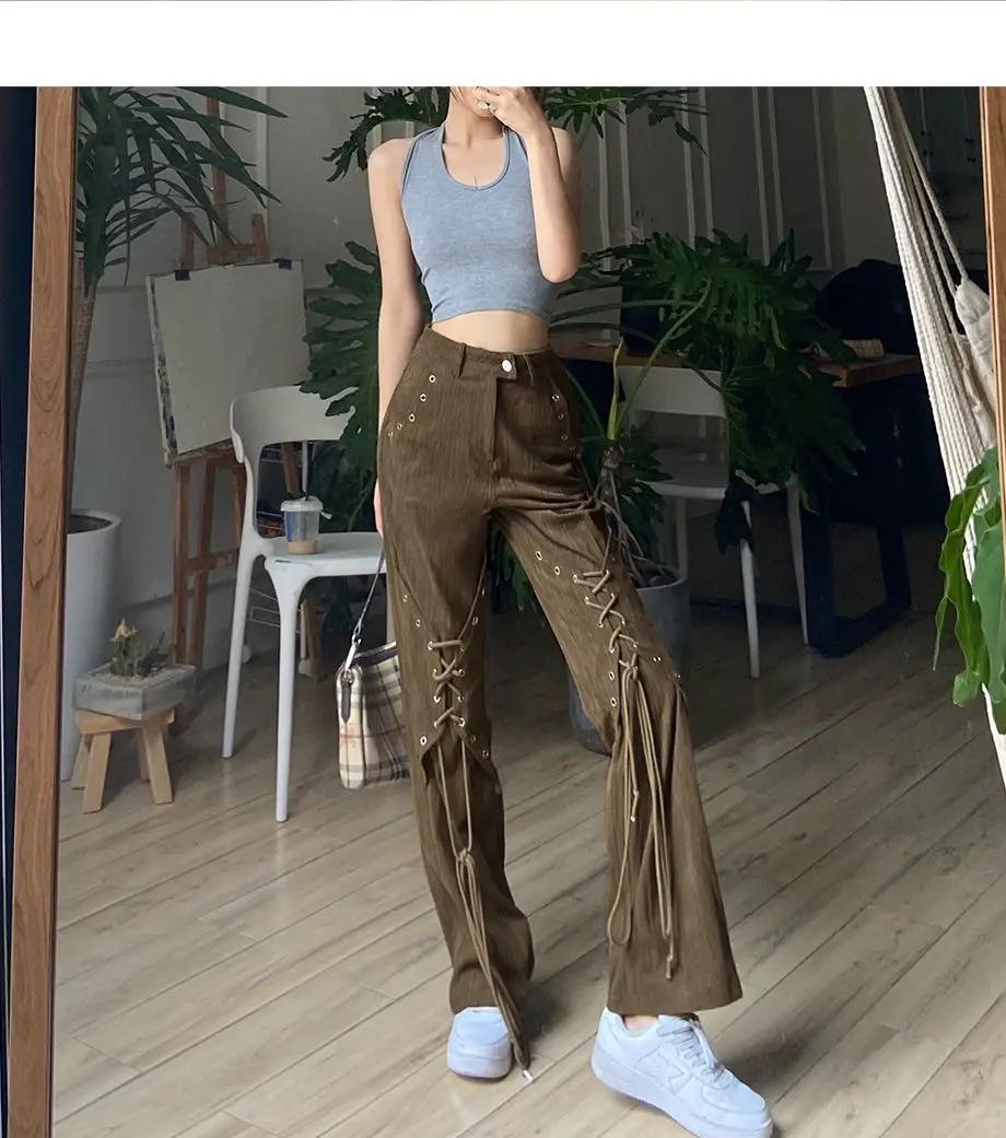 Celana Bell-Bottoms berenda, bawahan desain pinggang tinggi gaya Vintage Amerika celana panjang kaki lurus Harajuku gaya jalanan Y2k