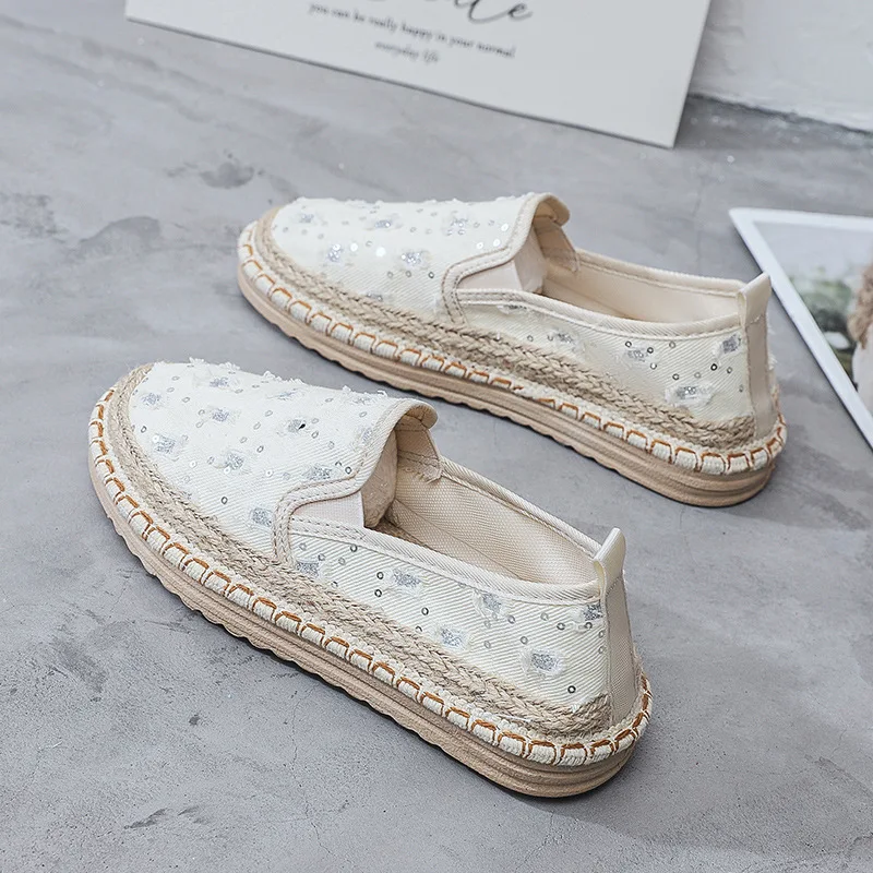 

Ladies Casual Comfort Slip on Lazy Shoes Female Womens Platform Flat Slip on Canvas Strap Loafers Straw Espadrilles