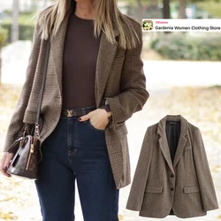 Vintage Femme 2024 Casual Suit Women's Checked Blazer Featuring Notched Lapel Collar Long Sleeves Outerwears with Buttoned Cuffs