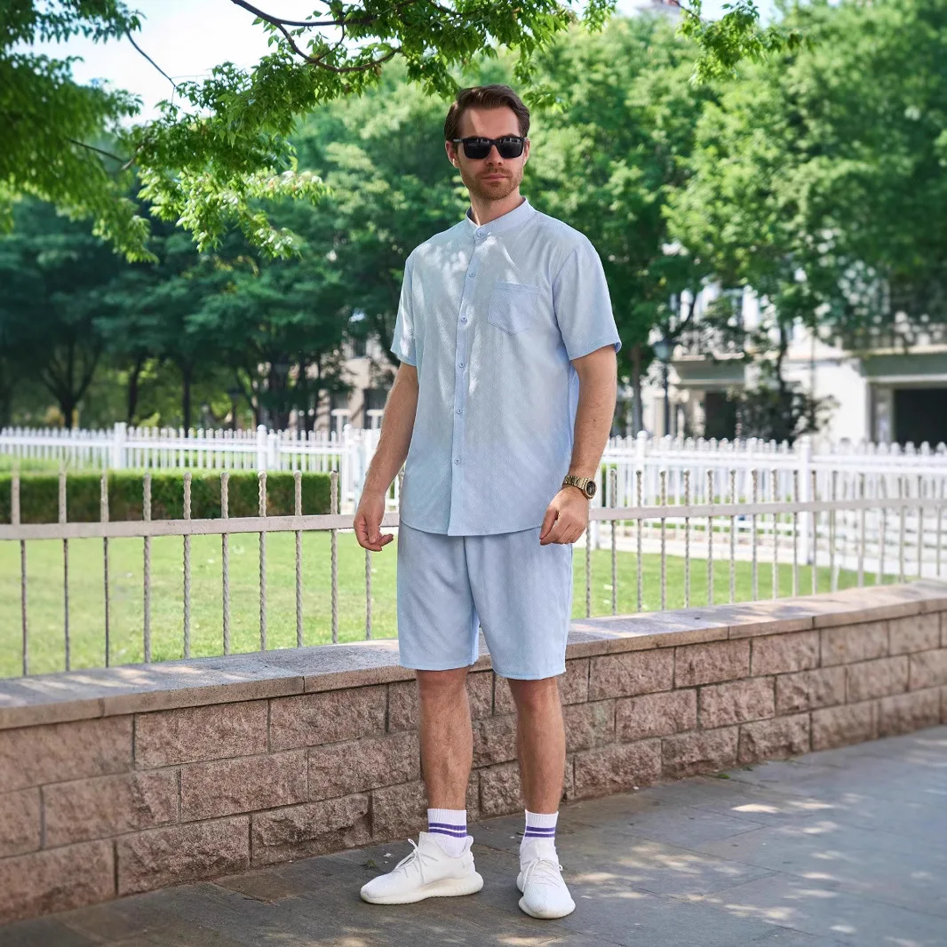 New summer men's jacquard shirt, casual stand-up collar, pocket cardigan, short sleeve and shorts set, solid-color top for 2025