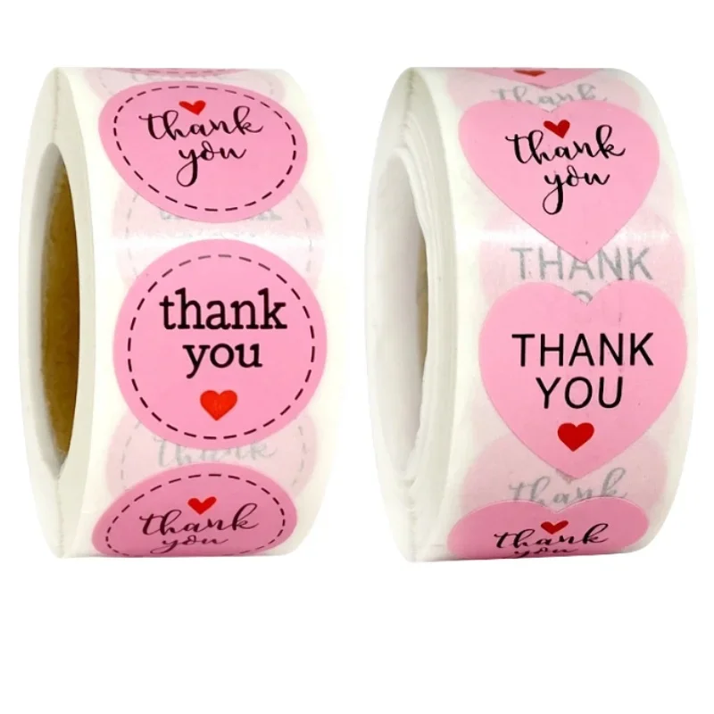 100-500PCS Heart Stickers Thank You Stickers for Business Merci Packaging Stickers Rolling Love for Packaging Decoration