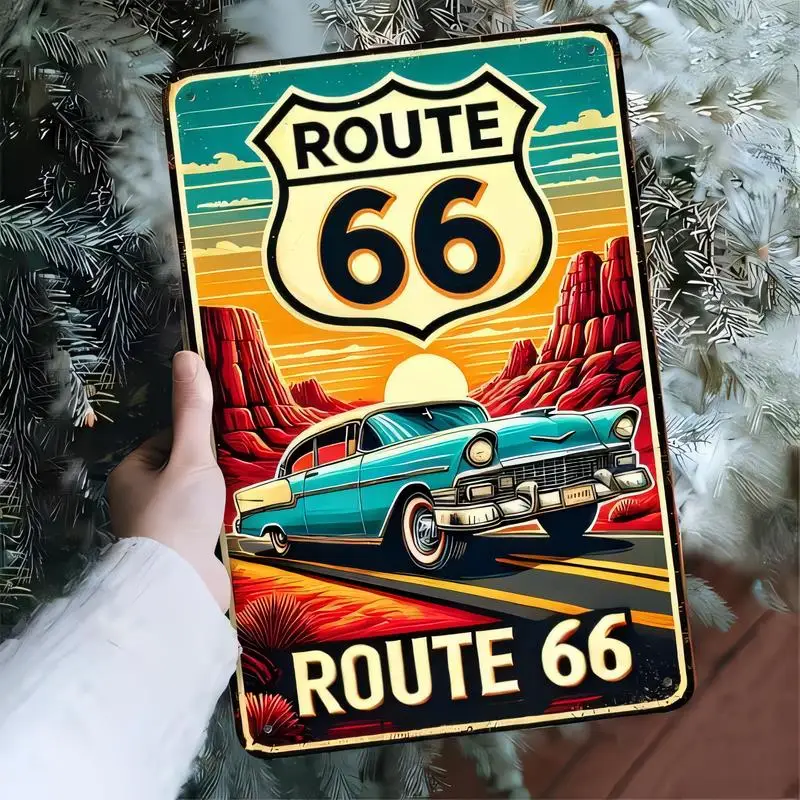 Vintage Route 66 Classic Car Desert Sunset Metal Tin Sign - Retro Iron Wall Art with Teal Car & Red Rock, Perfect for Home/Bar/C
