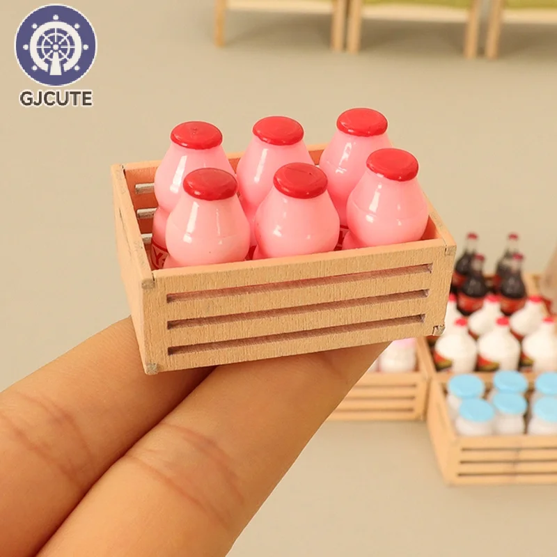 1Set 1:12 Dollhouse Miniature Milk Bottle W/Storage Frame Wine Bottles Drink Holder Kitchen Decor Toy Doll House Accessories