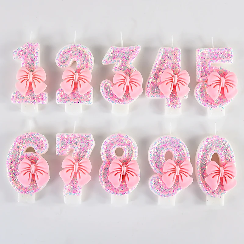 3D Number Cake Decorating Candles Cute Pink Bow Baby Girl Birthday Cake Topper Decor Wedding Party Supplies 0-9 Digital Candle