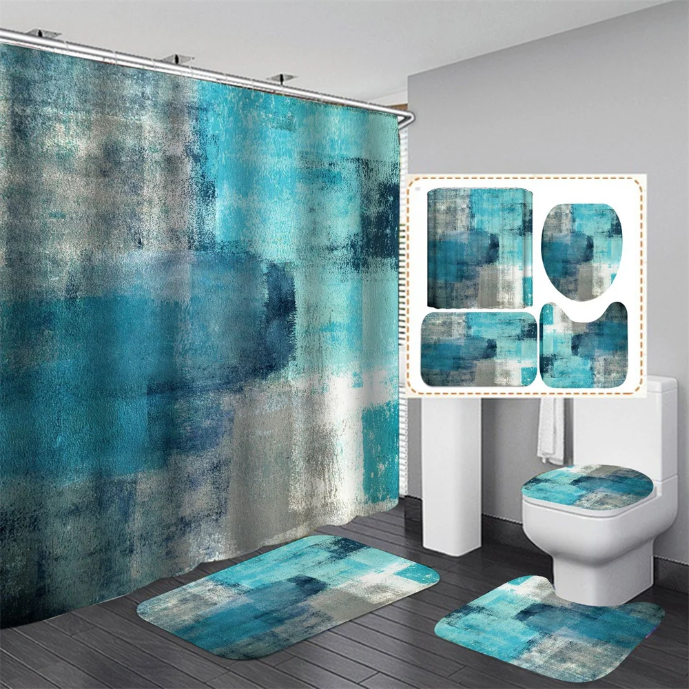 

Geometric abstract Blue Bathroom Shower Curtain Set Modern Graffiti Sesign Shower Curtain Set Waterproof Fabric Bathroom Decor