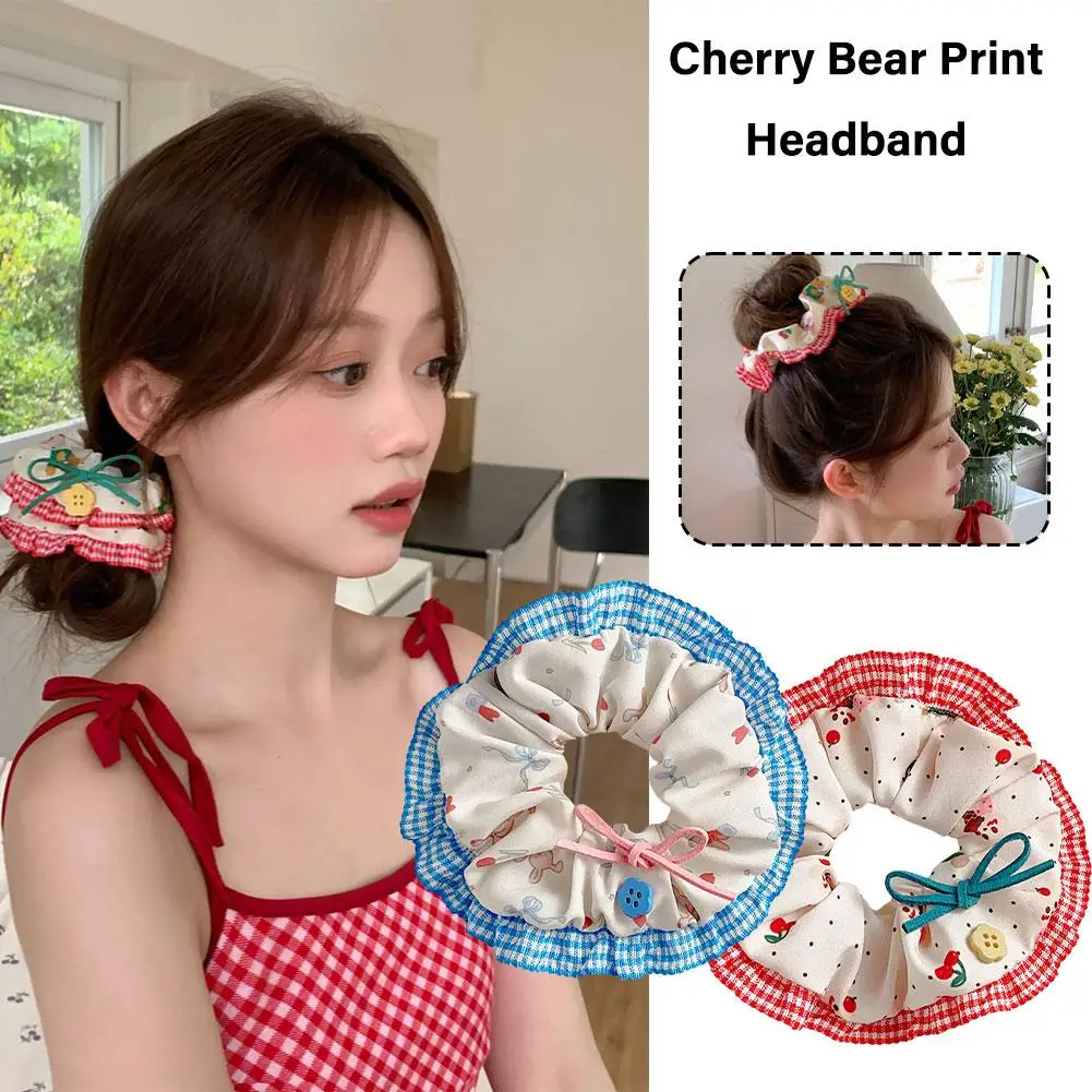 NEW High-end Sweet Cute Bear Cherry Strawberry Bow Wide Edge Hair Band For Women Girls Hair Tie Rope Cherry Print Headband L0R9