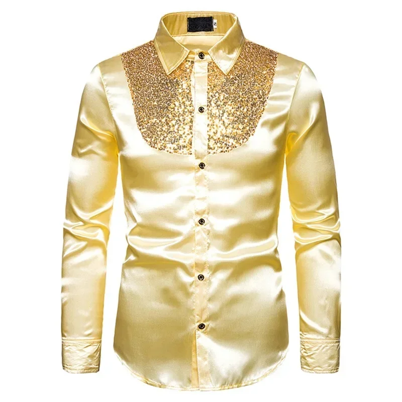 

W76 Men's Shirt Sequined Performance Nightclub Men's Host MC Men's Lapel Long Sleeve Solid Color Shirt Mens Dress Shirts