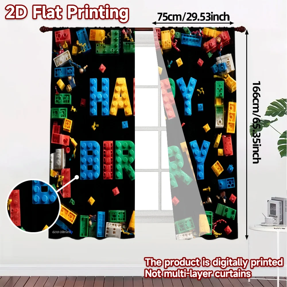 2pcs, 2D FLAT PRINTING Curtains (Without Rod) Birthday Blocks(1) Chic Curtains&Window Treatment Machine Washable Fabric Curtains