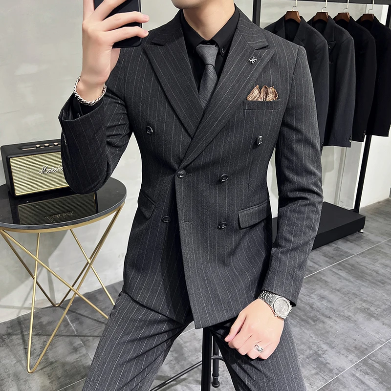 2023 Fashion Men Casual Boutique Business Slim Wedding Striped Double Breasted Suit 3 Pcs Set Blazers Jacket Pants Vest Trousers