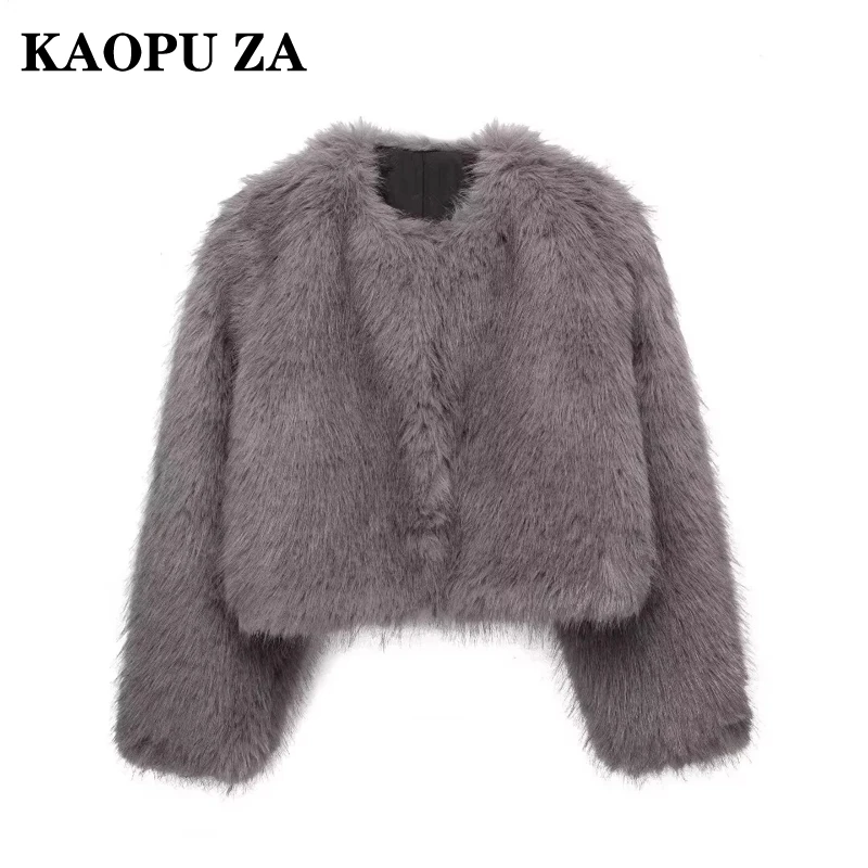 KAOPU ZA Woman's 2024 Autumn/Winter Fashion Solid Color O-Collar Jacket Female Casual Single-breasted Faux Fur Long Sleeve Coat