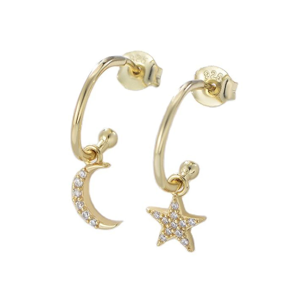 

S925 Sterling Silver Asymmetric Star Moon Earrings Women's Ins Personality Versatile Trendy Zircon Dangle Earrings
