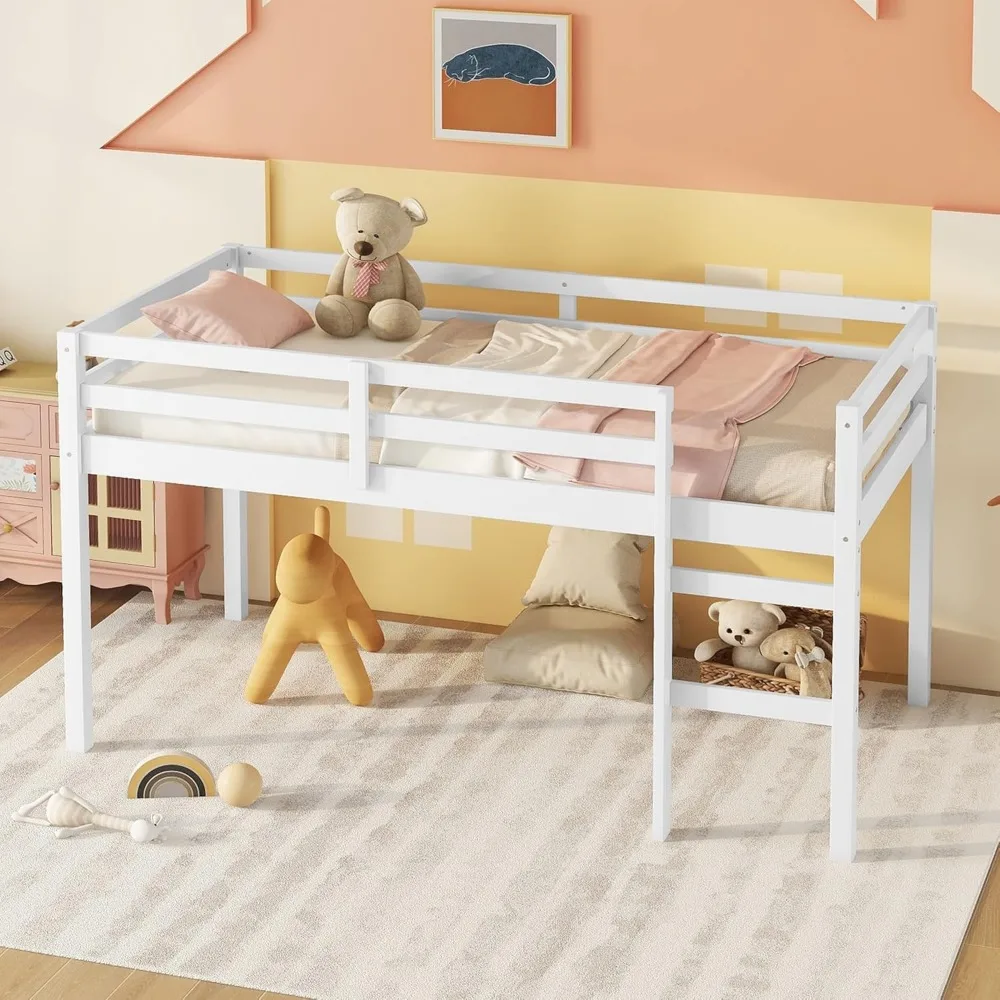 Cama loft baixa tamanho duplo, estrutura de cama loft moderna de madeira maciça infantil com escada e guarda-corpo de segurança para meninos e meninas, sem ruído