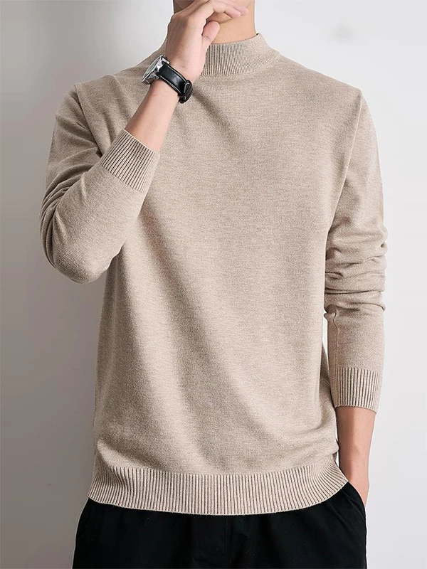 Men's Pure Color Knitted Sweater Half High Collar Casual Inner Wear mid Autumn Winter New Style Warm Base Shirt Top