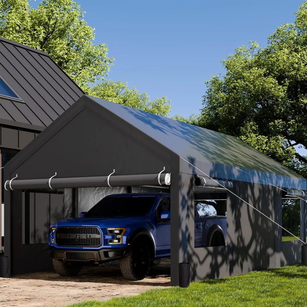 

Carport with Roll-up Windows, Garage with Removable Sidewalls & Doors, 12x20 Ft Carport