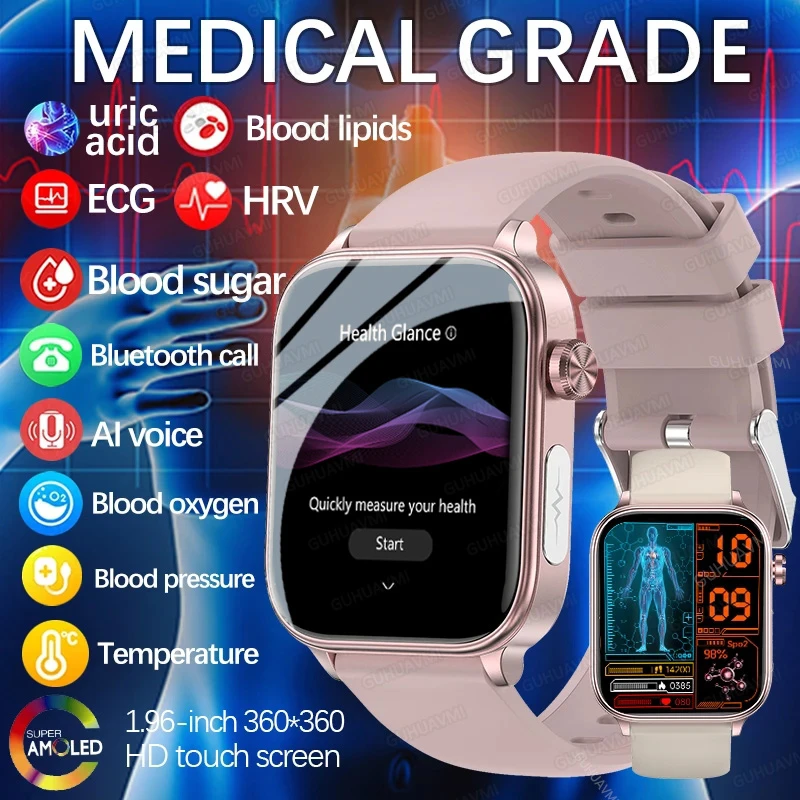 For IOS New Men Micro Physical Examination Medical Grade Health Watch Non-Invasive Blood Glucose lipid Bluetooth Call Smartwatch