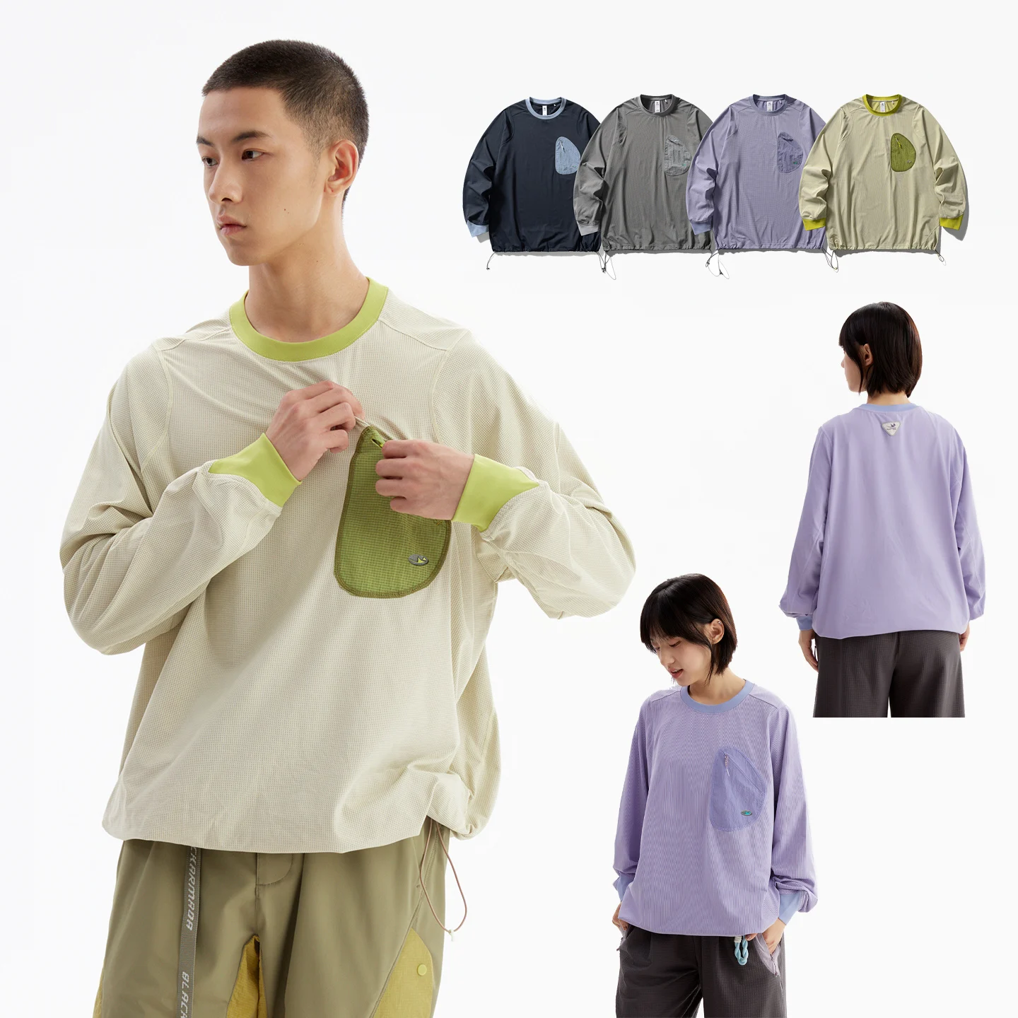 Unisex Mountain Style Long Sleeve T-shirt Anti-UV Quick Dry Antibacterial Outdoor Hiking Tee Adjustable Hem Chest Pocket