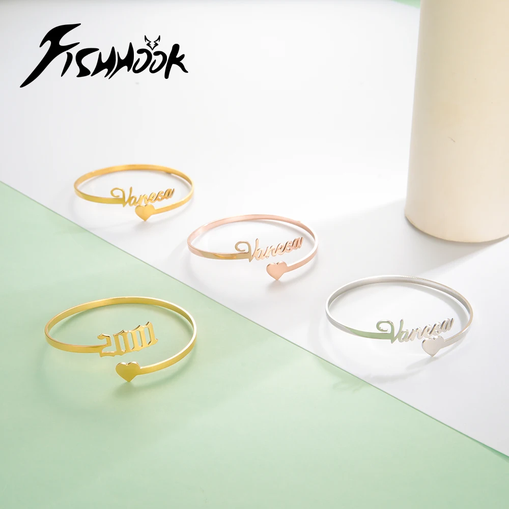 Heart Name Custom Bangle Personalized Bracelet Cuff Gift for Women Men Kid Father Dad Mother Stainless Steel Gold Color Jewelry
