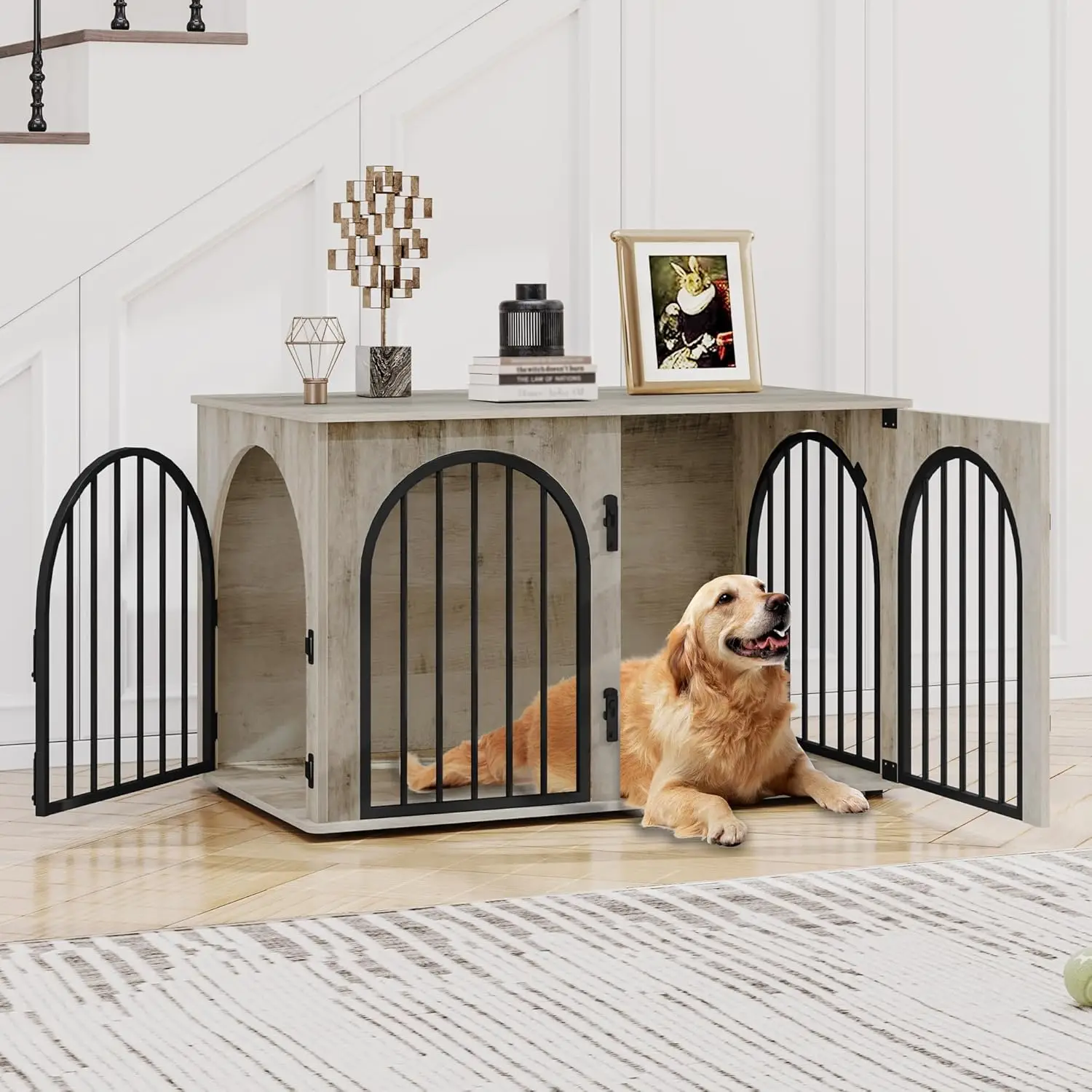 

44.1" Dog Crate Furniture, Dog Kennel Indoor Arched Door Design, Wooden Crate Furniture for Small/Medium/Large