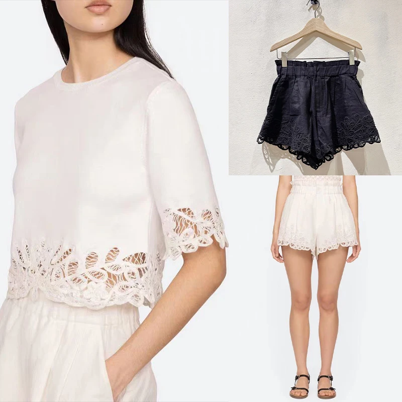 

Summer 2025 New Sle Beautiful Hook Flower Hollow Loose f Sve round Ne T-irt orts Casual Set Women's Faion