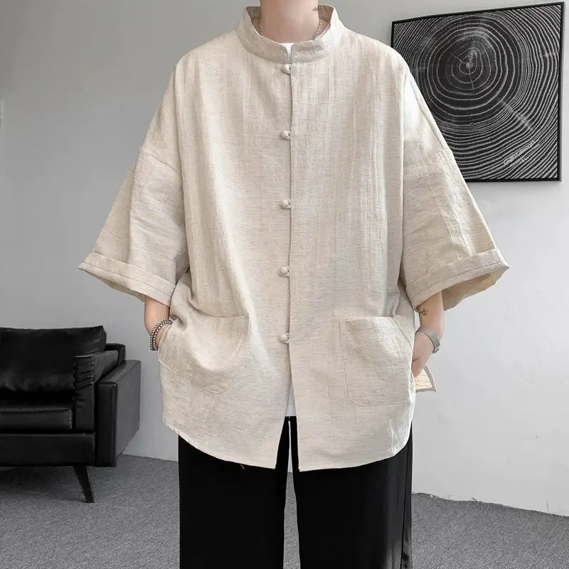 Men's Summer Linen Zhongshan Tang Suit Short-sleeved Teenager New Chinese Style Loose Seven-point T-shirt