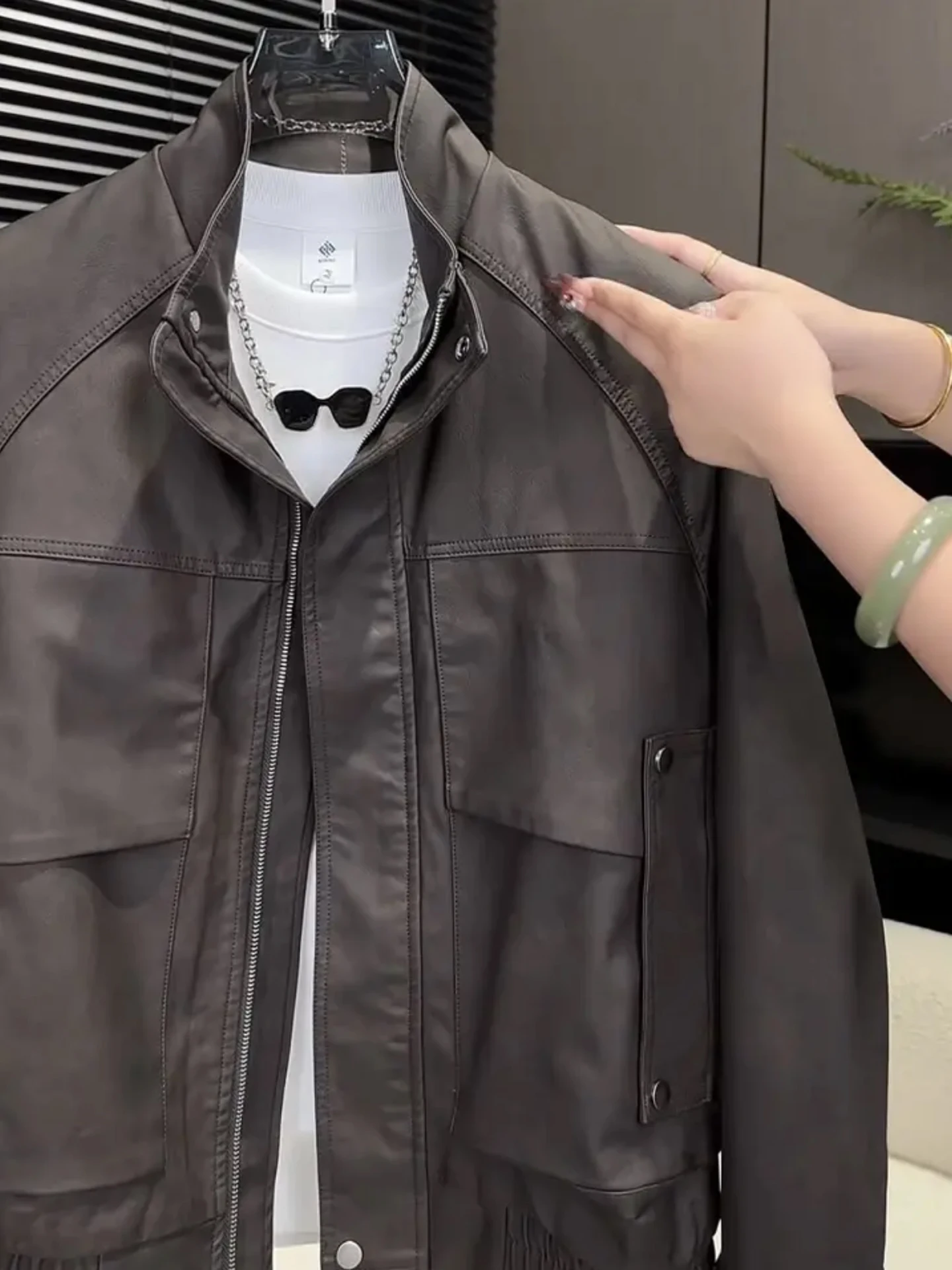 Uomo ort Biker Jaet Fce Foderato Colletto alla coreana Antivento Caldo Multi ket Cappotto da lavoro Faion Urban Sle Abbigliamento casual