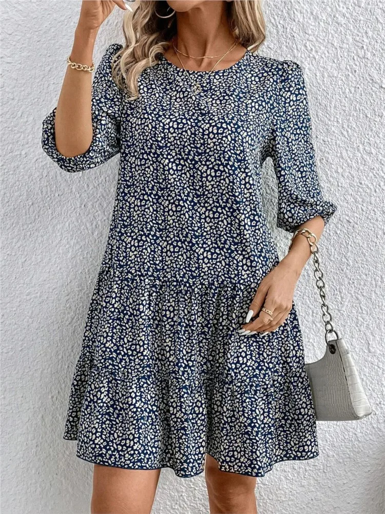 

Fashion Summer Ruffles Floral Print Dress Women 2024 Half Sleeve O-neck Casual Loose Comfortable Dresses For Women Robe Femme