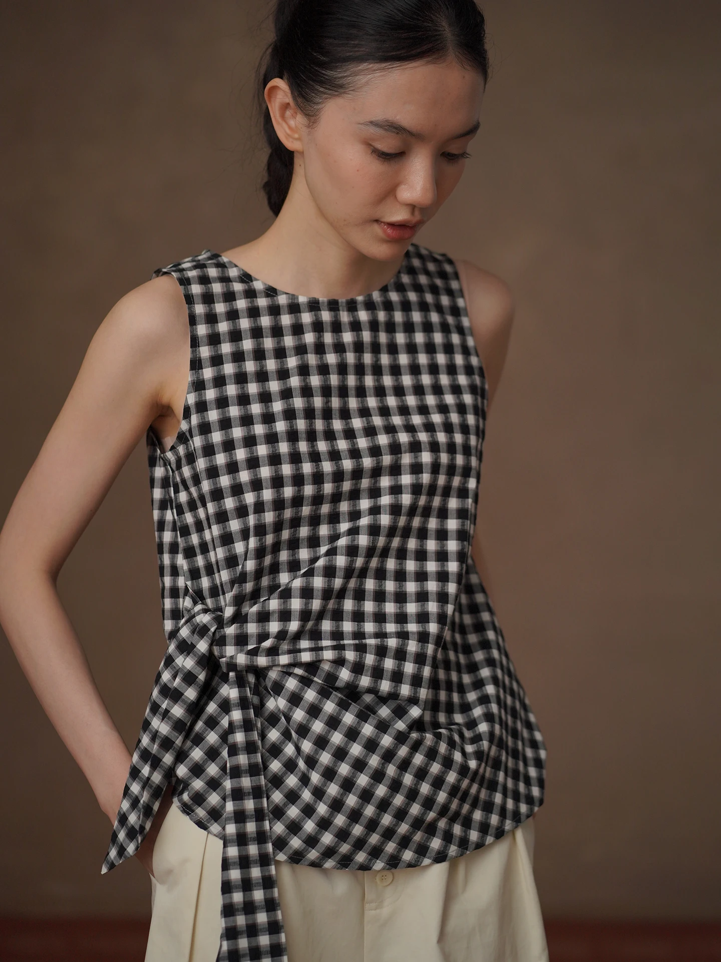 Slimming A-Line Haikisi Breathable Mosaic Texture Sleeveless Adjustable Strap Vest Casual Summer Cotton Top for Women