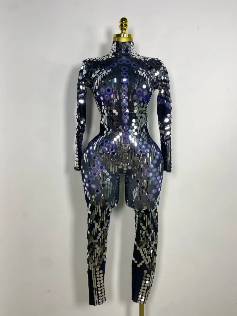 Women Prom Dancer Singer Costume Sexy Shiny Silver Sequins Mirror Black Spandex Jumpsuit  Evening Birthday Show Stage Outfit