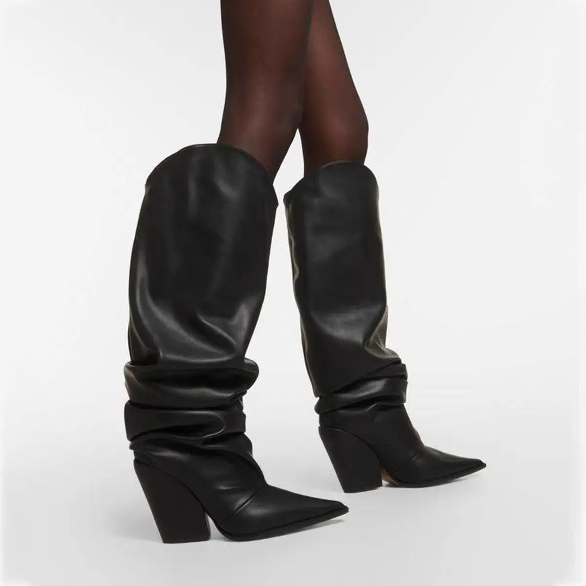 

Женские сапоги до колена из искусственной кожи в уличном стиле с острым носком, дизайнерская обувь без шнуровки на массивном высоком каблуке, большие размеры