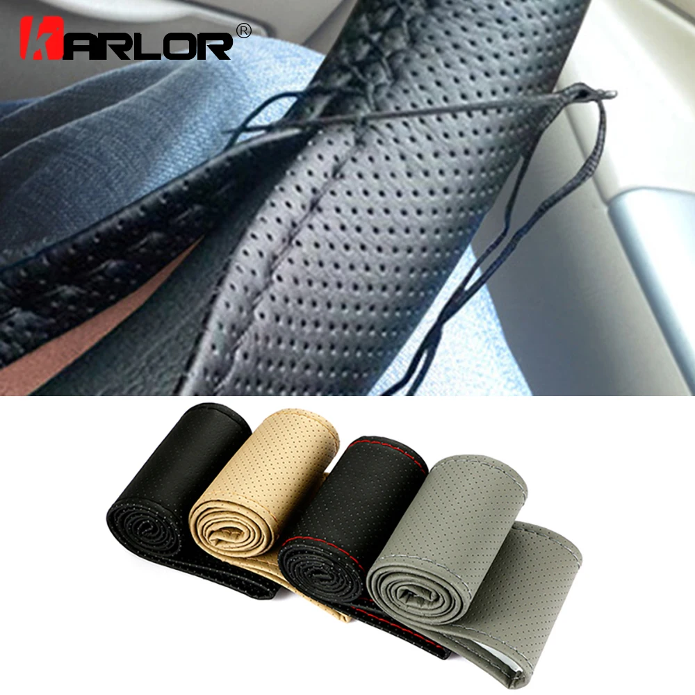 Car Steering Wheel Cover With Needles and Thread Artificial leather Diameter 38cm Braid On Steering Wheel Auto Car Accessories