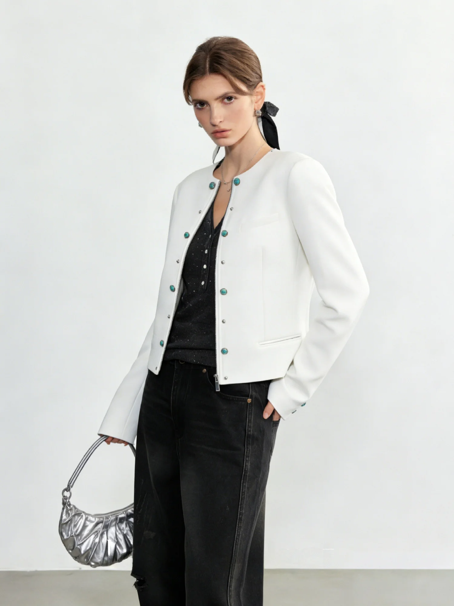 

Lean Project round Ne ort Printed Leather Jaet Luxury Sle Metal Decorated Button Decorated Cotton Blend Lined Women's...