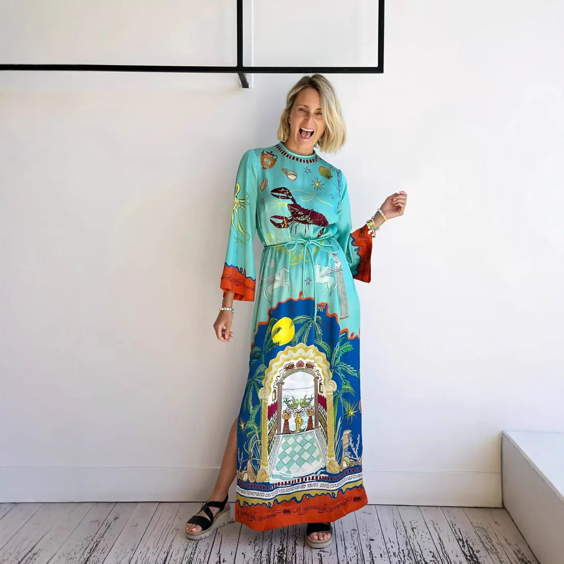 

Women Painting Print Starry Night Satin Dress Graphic Maxi Dresses High Waist Long Sleeve Streetwear Boho Beach Long Vestidos