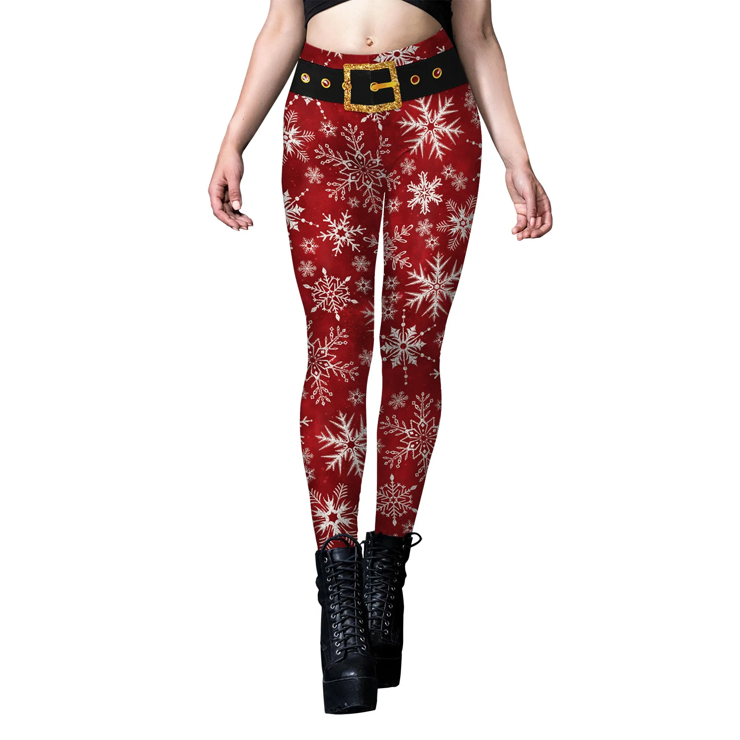 Zawaland Red Leggings Women\'s Belt Mid Waisted Workout Christmas Elk Snowflakes 3D Printing Leggins Printed Fitness Leggings