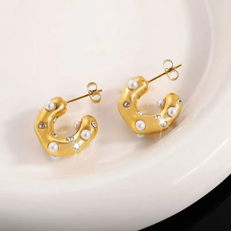 Chunky Stainless Steel Gold Plated Earrings For Women Irregular Pearl Zircon Paved Thick Statement Earring Jewelry