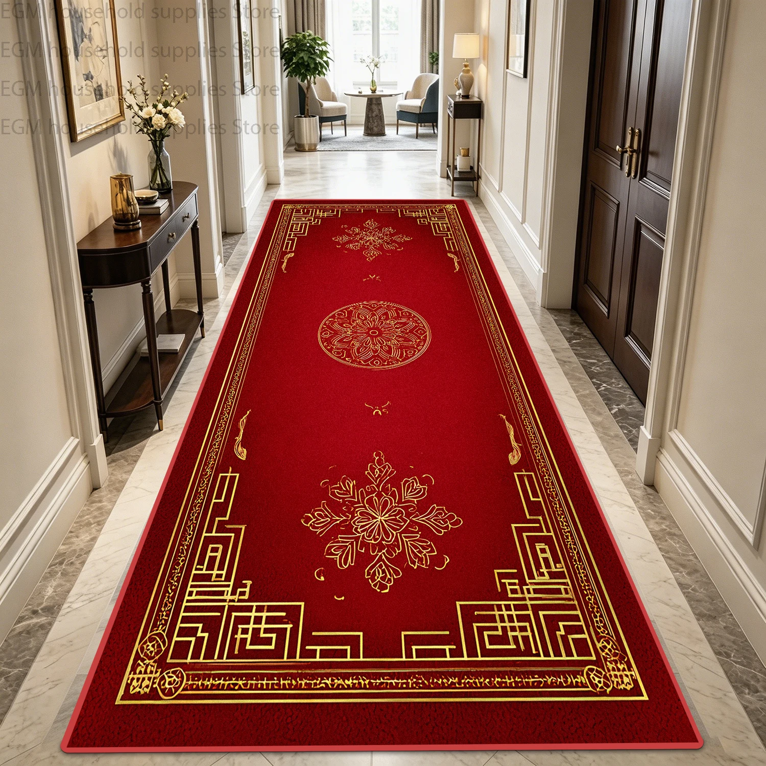 Classical Gold Red Carpet Hallway Decoration Non-slip Washable Long Runner Rug Corridor Stair Doorway Easy Clean Floor Mat Store