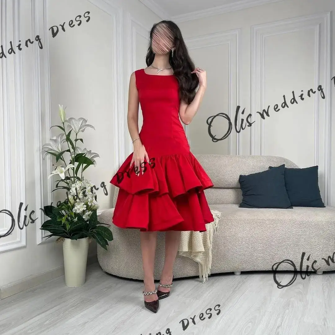 

customized Mermaid Red Satin Prom Dresses O-Neck Sleeveless Pleated Tiered Knee Length Party Dresses Evening Dresses