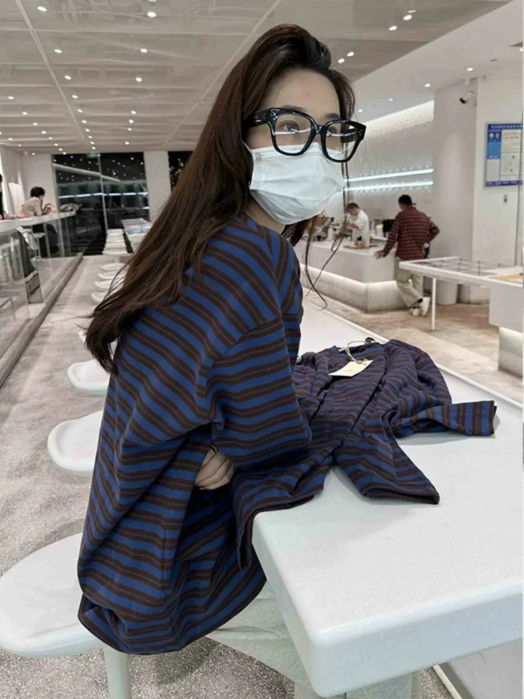 Vintage Stripe Long Sleeve round Neck Loose Fit Women's T-Shirt Thin Autumn Top Casual Style Color Block Sweat Absorbent Fabric