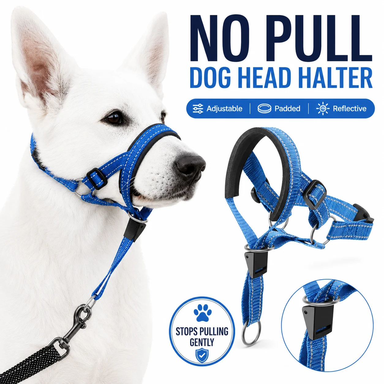 No Pull Dog Head Halter, Adjustable Reflective Padded Head Collar with Quick Release for Walking Training & Better Control