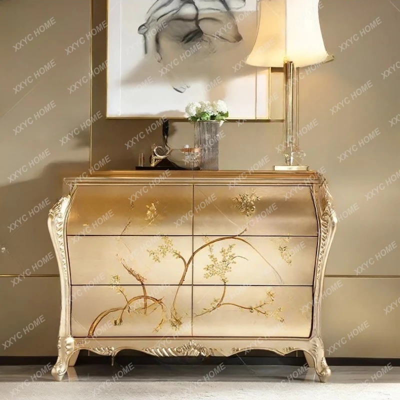 luxury dining side cabinet solid wood carving flower painted high-end wall storage locker